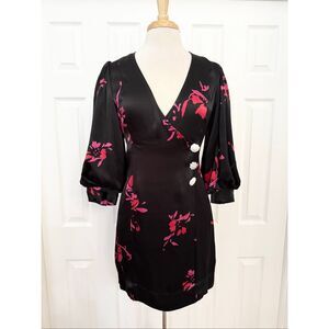 Ganni Black Pink Floral Satin Crystal Embellished Wrap Dress Size 36 S 4 NWOT
